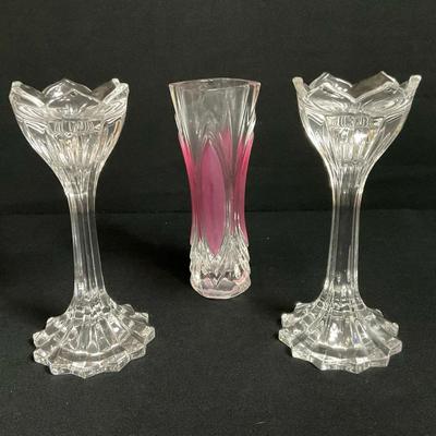 Gorham Lotus Crystal Candlesticks & Vase 