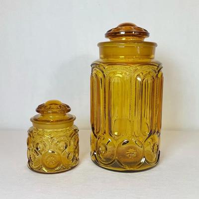 L.E. Smith Moon & Stars Amber Glass Canisters