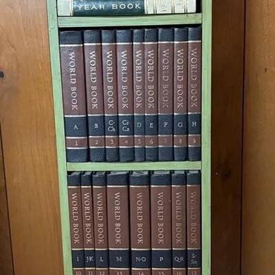 Vintage Set of The World Book Encyclopedias and Green Wooden Shelf