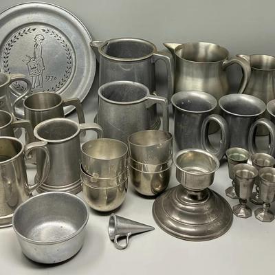 Collection of Pewter Tableware - Tankards, Mugs, Pitchers, Candle Holders