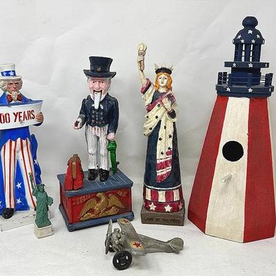 Uncle Sam, Lady Liberty And Cast Iron Items
