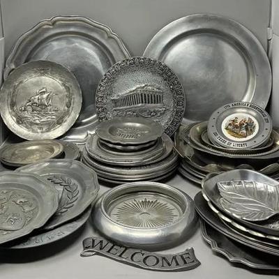 Large Collection of Decorative Pewter Plates and Dishes
