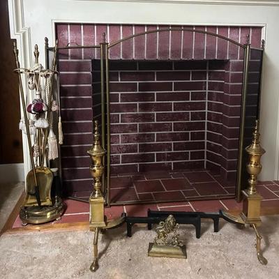 Brass Fireplace Set - Tools, Screen, and Andirons
