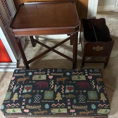 Wood Furniture Lot - Mahogany Side Table, English Canterbury Rolling Stand, and Upholstered Ottoman