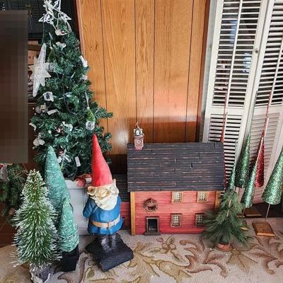Oversized-Handmade, Model Cabin With Gnome And Pine Tree Decor