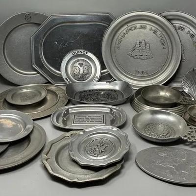 Vintage Collection of Commemorative Pewter Plates, Trays, Dishes, and More