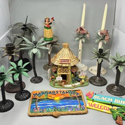 Miniature Hawaiian Beach Themed Table Decor and Palm Tree Candle Holders 
