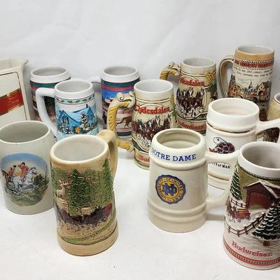 Ceramic Tankards - Budweiser/AB, Miller High Life, Stroh's And Johnnie Walker