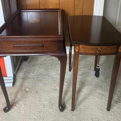 Vintage Mid Century Queen Anne Mahogany Wood Inlay Tables - Console Table and Drop Leaf Table