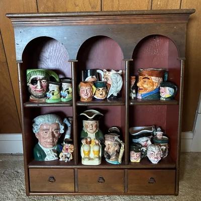 Varying Different Toby Jugs and Character Jugs with Wooden Wall Mounting Shelf