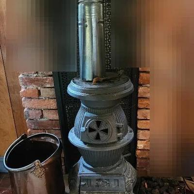 Antique Potbelly Cast Iron Stove, Coal Server And Fireplace Accessories