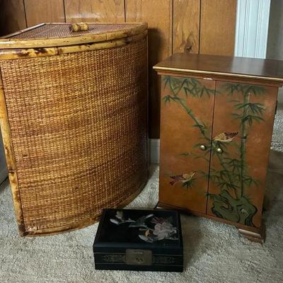 Bamboo and Bird Styled Furniture - Desktop Cabinet, Jewelry Box, and Corner Storage Box