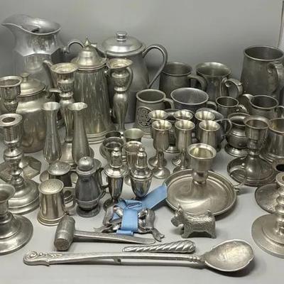 Collection of Pewter Items - Pitchers, Tankards, Candle Sticks, Shakers