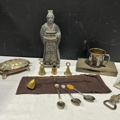 Various Collectible Decor, Tortoise + Trinket Boxes, Terracotta Warrior, Brass Bells + More