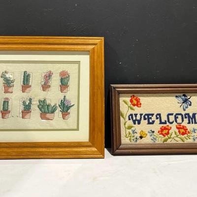 Framed Cross Stitch Potted Cacti & Welcome Needlepoint