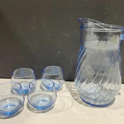Vintage Light Blue Glass Optic Swirl Pitcher With Tumblers Made In Italy