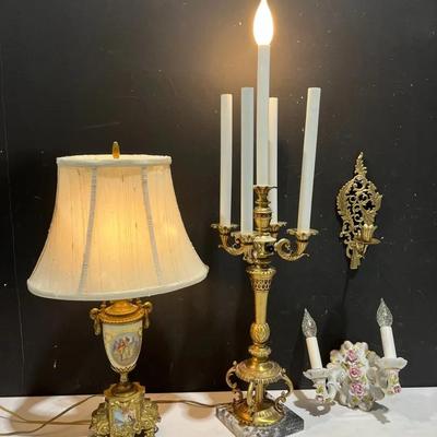 Collection Of Antique Style Brass Lamps & Sconces
