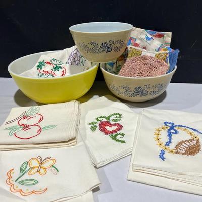 Vintage Pyrex Homestead & Primary Yellow Mixing Bowls, Embroidered Tea Towels