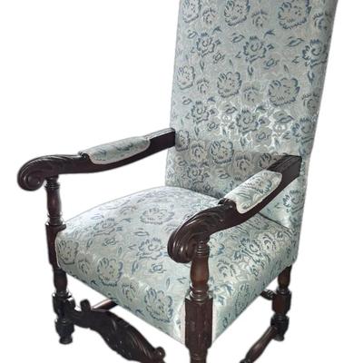 Ornate Blue Carved Wooden Highback Armchair