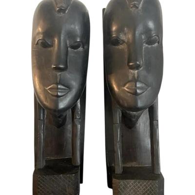 Vintage Hand-Carved Wooden African Bookends
