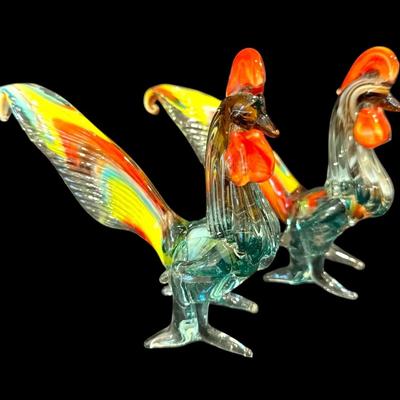Murano-Style Hand Blown Art Glass Roosters 