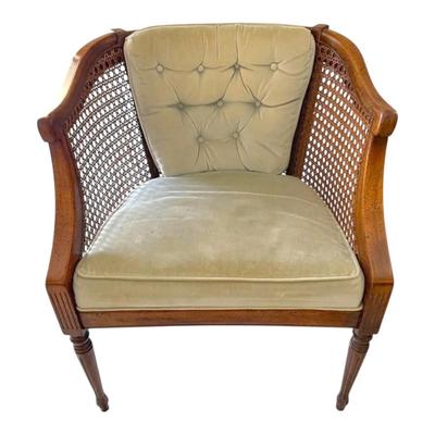 Cane Barrel-Back Armchair With Tufted Cushion