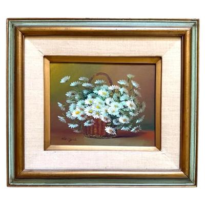 Framed Oil Painting of Daisies in a Basket, Signed by Artist (17”x15”)