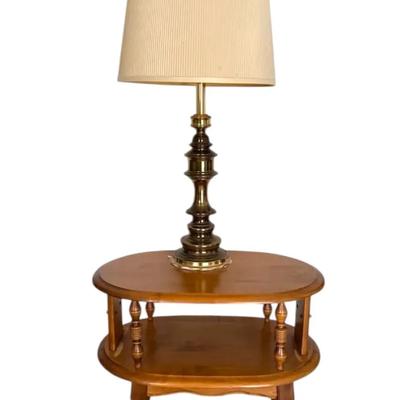 Early American Maple Oval Side Table & Brass Lamp
