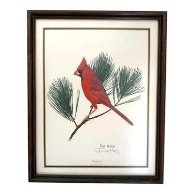 Signed Cardinal Print by Ray Harm, Framed (12”x15”)