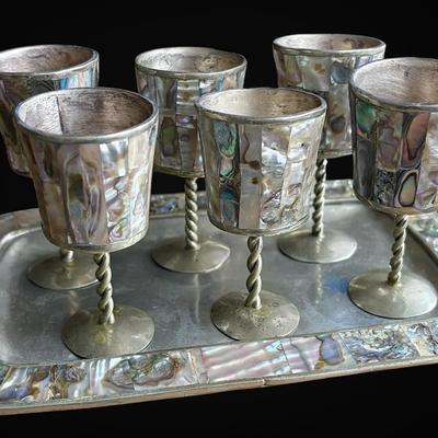 Abalone Shell Cordial Goblet Set w/ Tray 