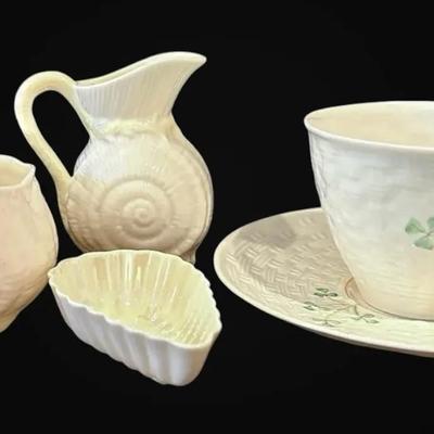 Belleek Ireland Porcelain Shell Dishes, Shamrock Tea Cup, & More