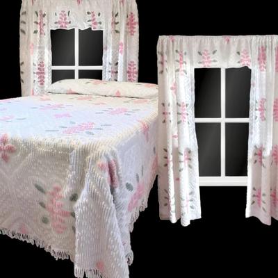 Vintage Pink & White Floral Chenille Bedspread & Curtains  