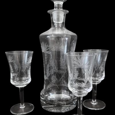 Etched Glass Decanter w/ Three Matching Goblets