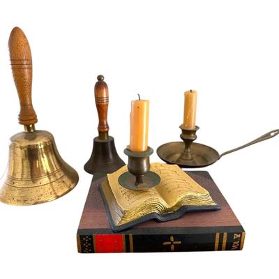 Brass Bells With Wooden Handle And Candlestick 