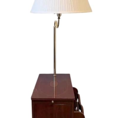 Wooden Side Table w/ Attached Brass Lamp & Magazine Holder