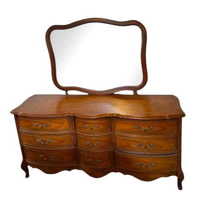 French Provincial Style 9-Drawer Dresser with Curved Mirror 