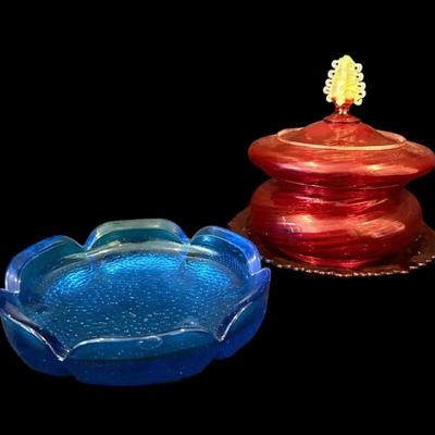 Blenko Blue Glass Ashtray, Red Lidded Candy Dish, & Avon Plate