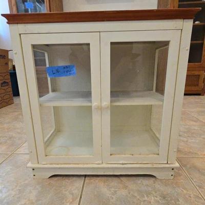 Small White And Brown Glass Cabinet 13 And 1/2 In Deep By 23 In Wide By 23 Inches High