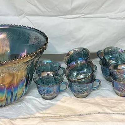 Iridescent Glass Punchbowl Set With 12 Cups