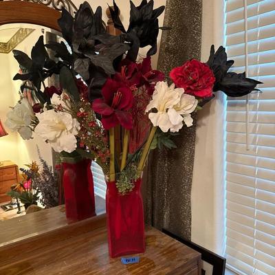 40 Inch Artificial Flower Arrangement, Red Glass Vase