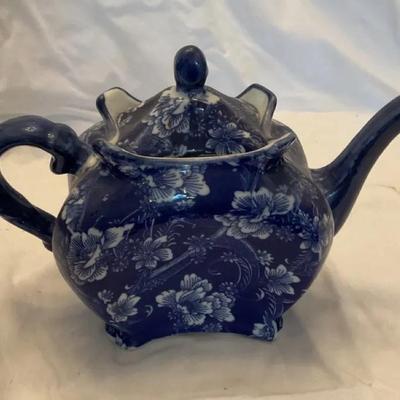 Vintage Victoria Ware Ironstone Blue and White Floral Rounded Square Teapot. 