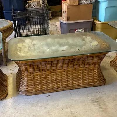 Set A Three Wicker With Seashell Themed Tables Coffee Table Is 48 X 28. Other Tables Are 28 X 28.