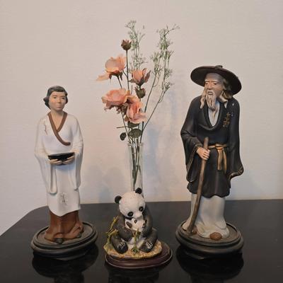 14 Inch Asian Man And Woman Statues With Koala Bear And Floral Glass Vase