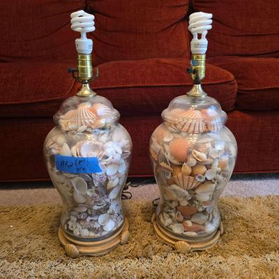 Two Glass With Seashells Table Lamps 21" H, Base To Bulb