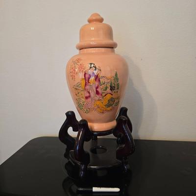 24" H Asian Vase On Wooden Base