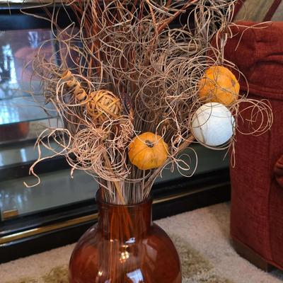 12" X 13" Orange Glass Vase W/ Decore