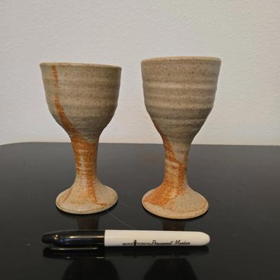 Pair Of Asian Themed Ceramic Chalices 6" Tall