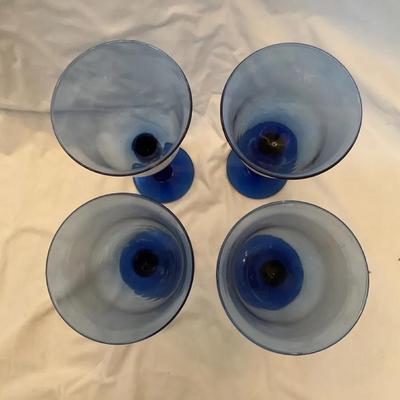 Set Of 4 Hand-blown cobalt blue glass water/wine goblet. 