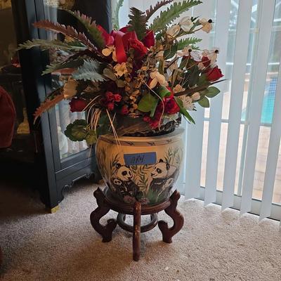 13 Inch Panda Ceramic Vase On Wooden Base With Floral Arrangement