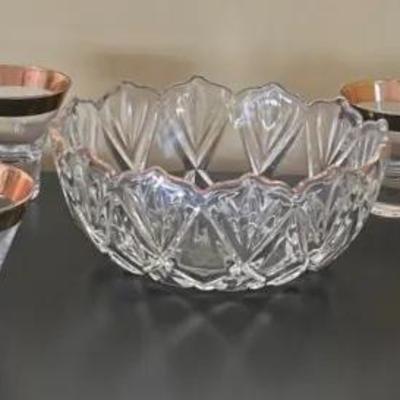 Lovely, Gold Colored Rimmed Bowl And Glassware (7)